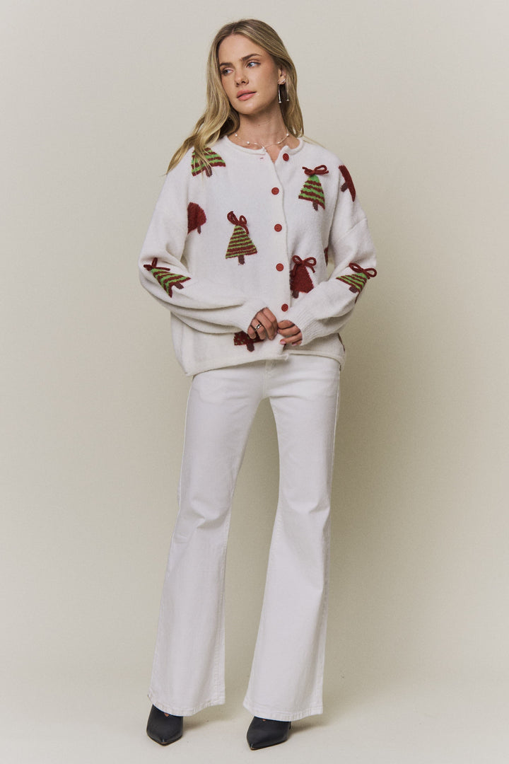 Festive Christmas Trees Button Knit Cardigan