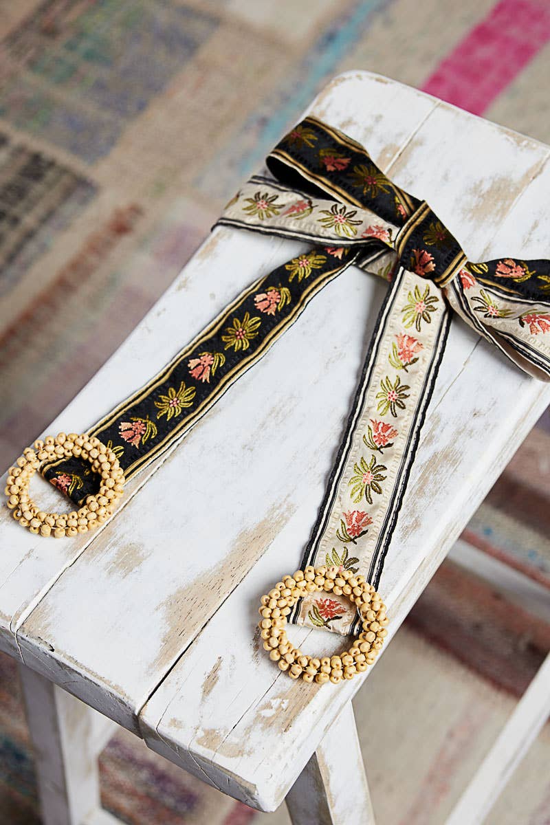 Beaded Cycle Striped Floral Pattern Belt