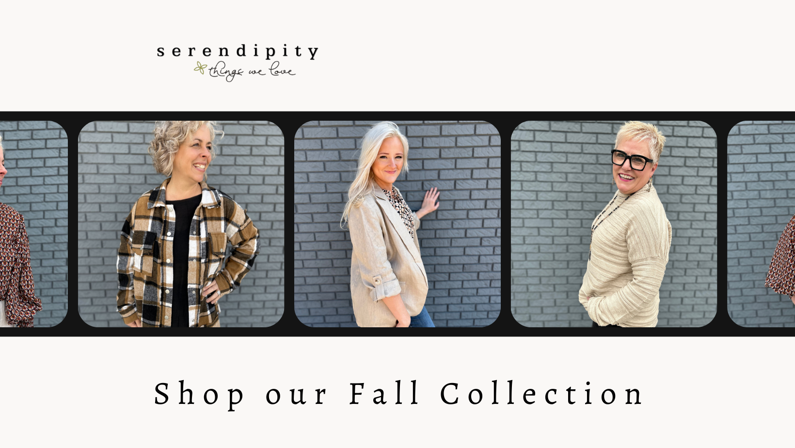 3 ladies. one in her 30s, one in her 40s and one in her 50s. posing with some of the new fall clothes available at Serendipity