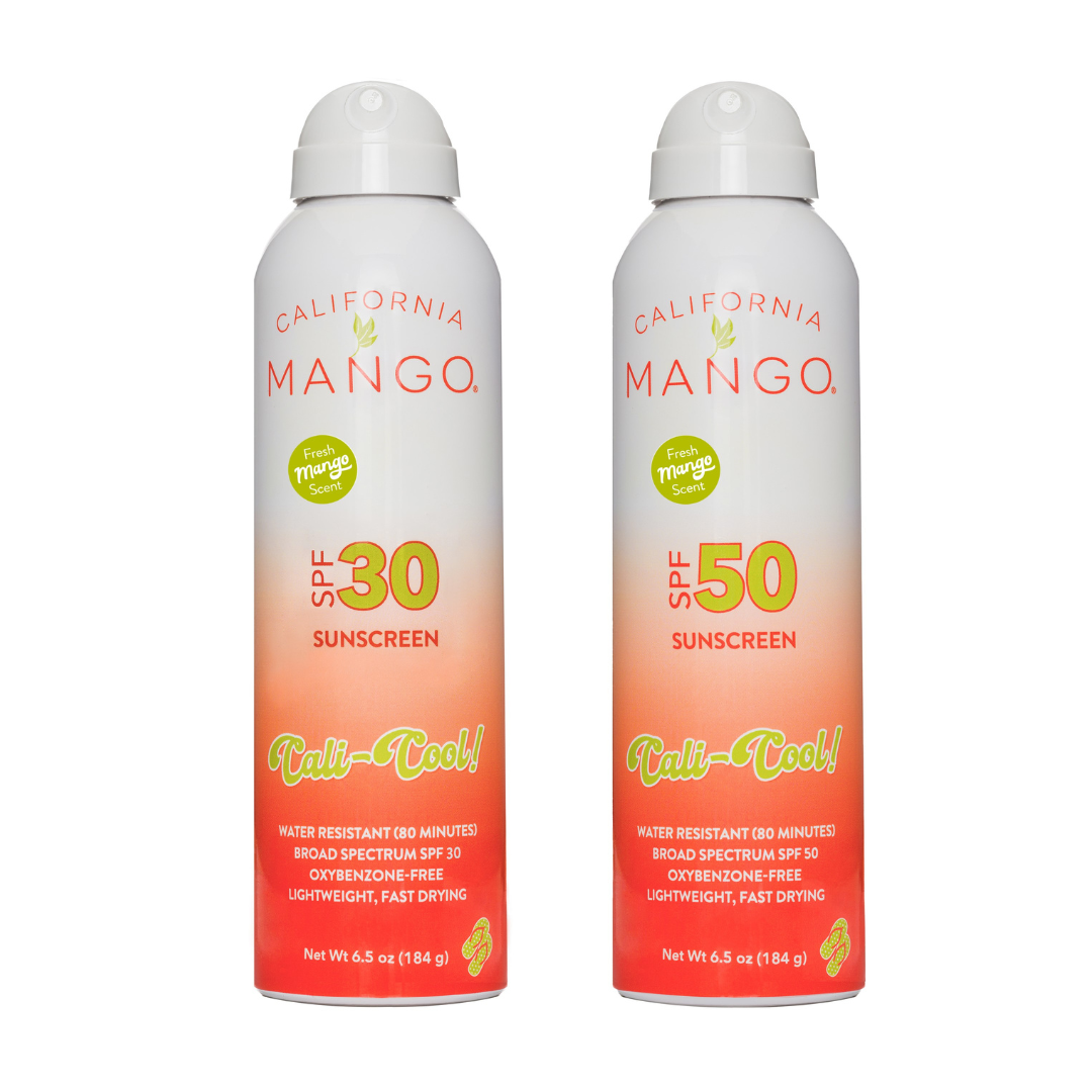 California Mango Cali-Cool SPF 30 and SPF 50 sunscreen spray bottles with mango scent