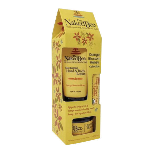 Naked Bee Orange Blossom Honey gift set with lotion, lip balm in yellow packaging