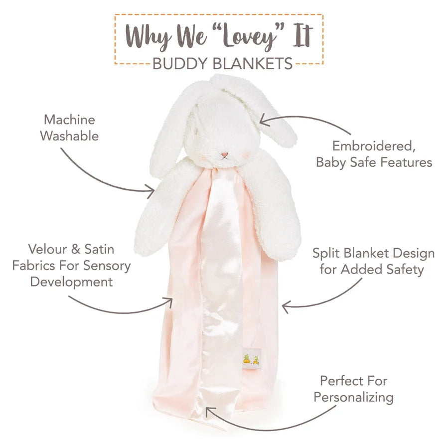 White plush bunny buddy blanket with pink satin bottom and feature callouts