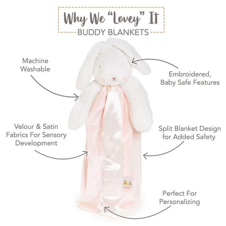 White plush bunny buddy blanket with pink satin bottom and feature callouts