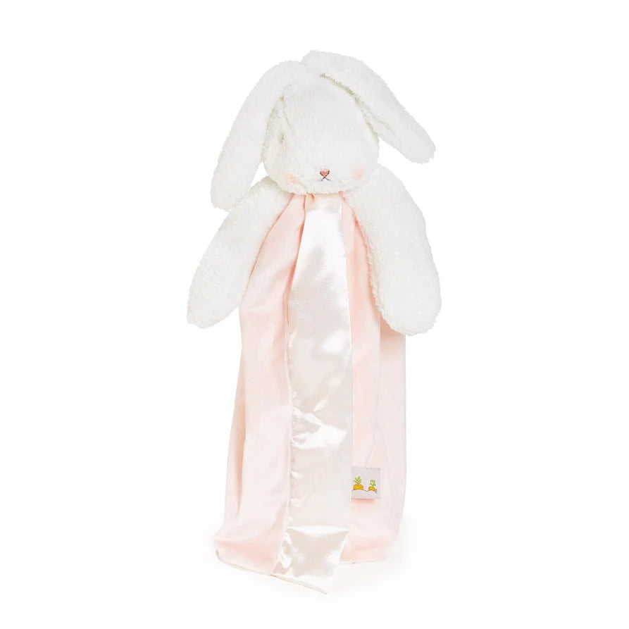 White plush bunny comfort blanket with soft pink fabric attachment for babies