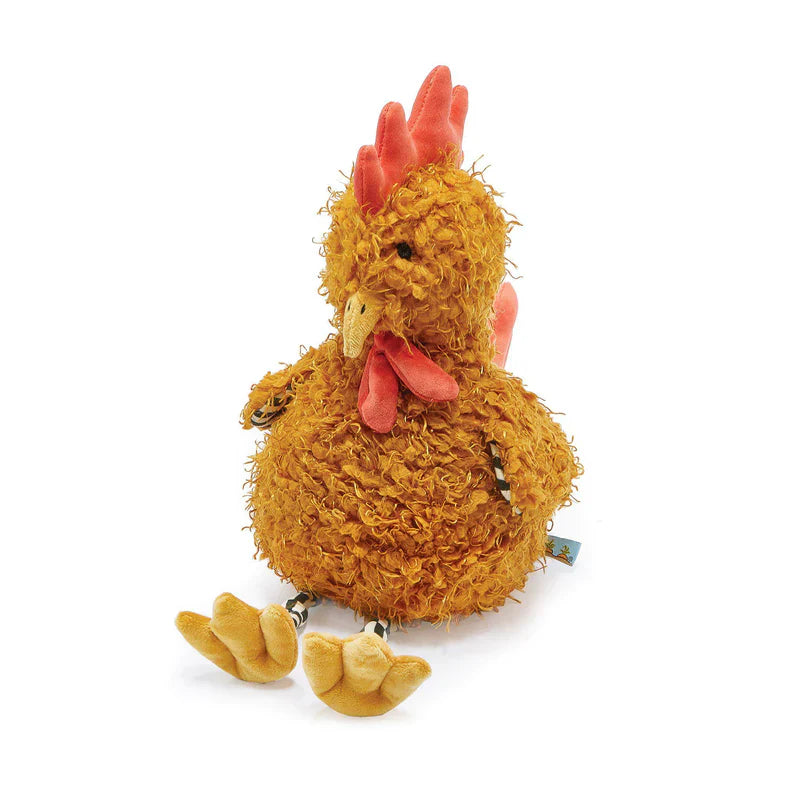 Randy the Rooster plush toy with fluffy golden orange fur, red comb and yellow feet