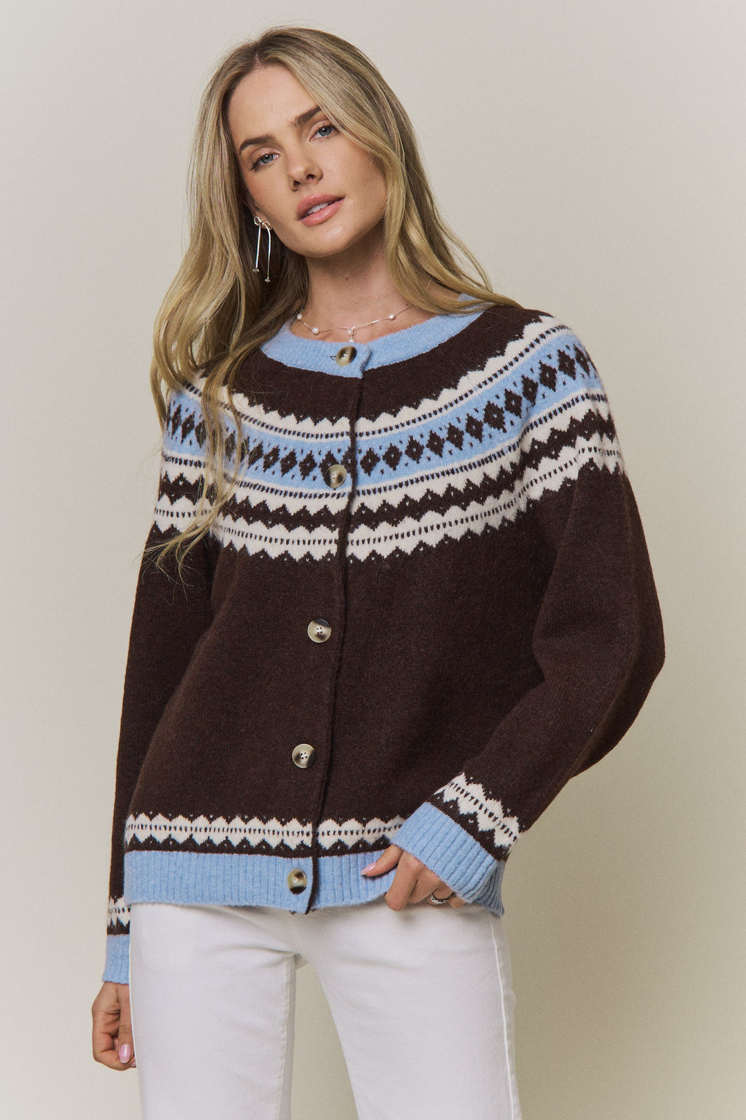 Fair Isle Yoke Knit Cardigan