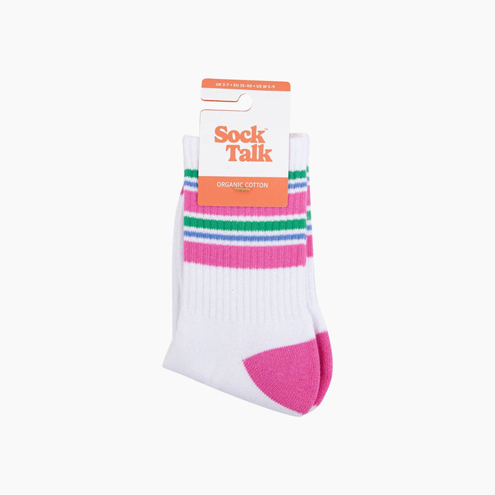 White ankle sports socks with pink, green, and blue stripes and pink heel