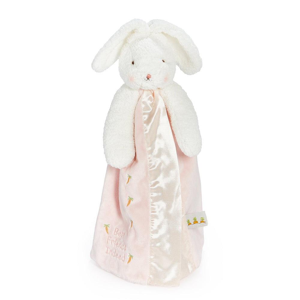 White plush bunny lovey with pink satin blanket featuring carrot embroidery and text