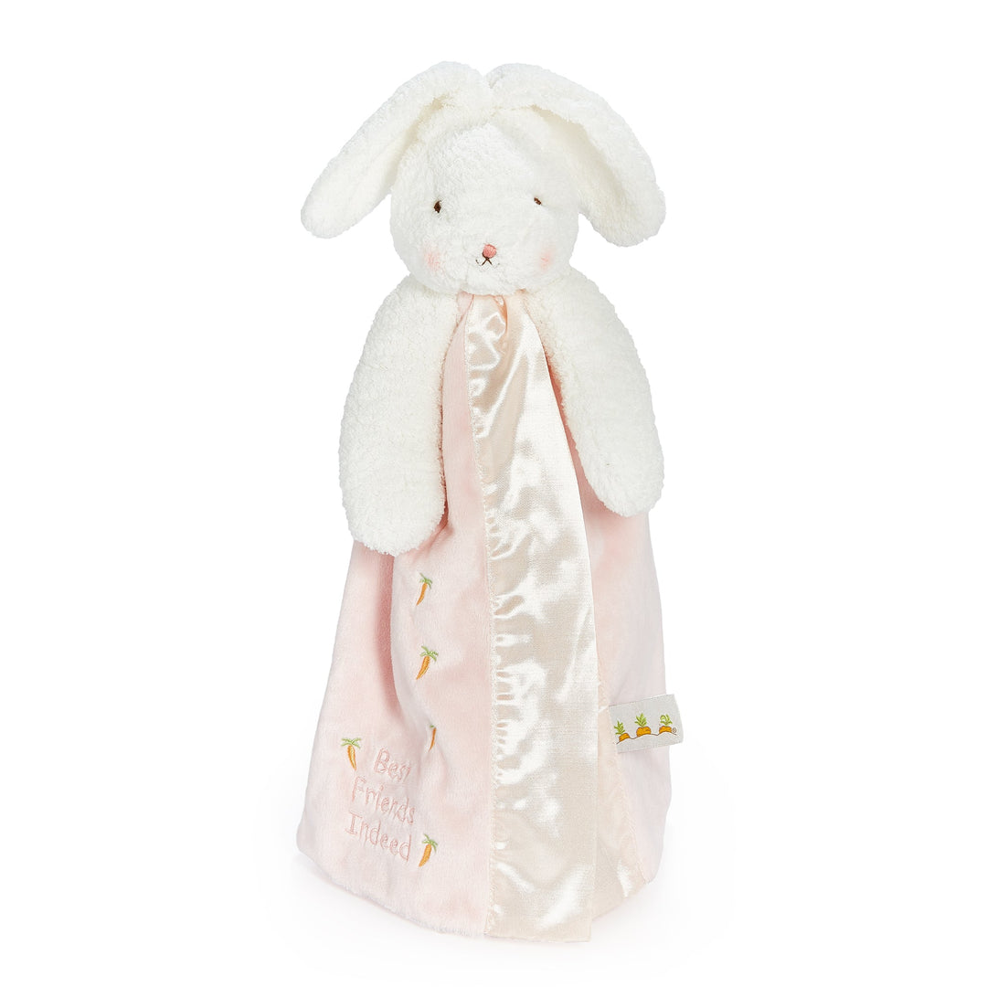 White plush bunny lovey with pink satin blanket featuring carrot embroidery and text
