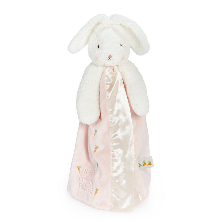 White plush bunny lovey with pink satin blanket featuring carrot embroidery and text