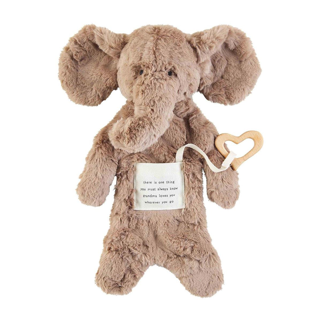 Tan plush elephant teether cuddler with wooden heart teething ring and sentiment tag