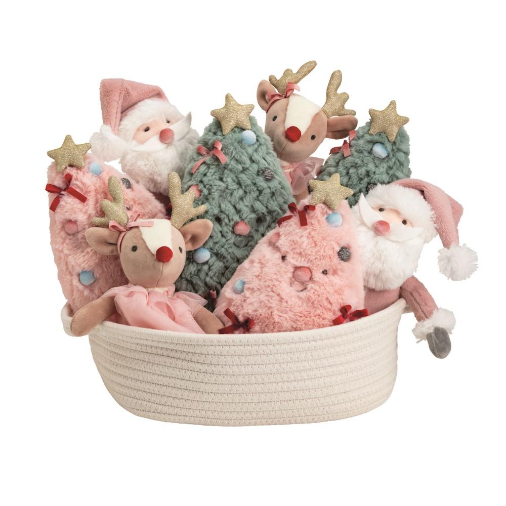 Holiday Friends plush collection featuring Santa and reindeer toys in rope basket