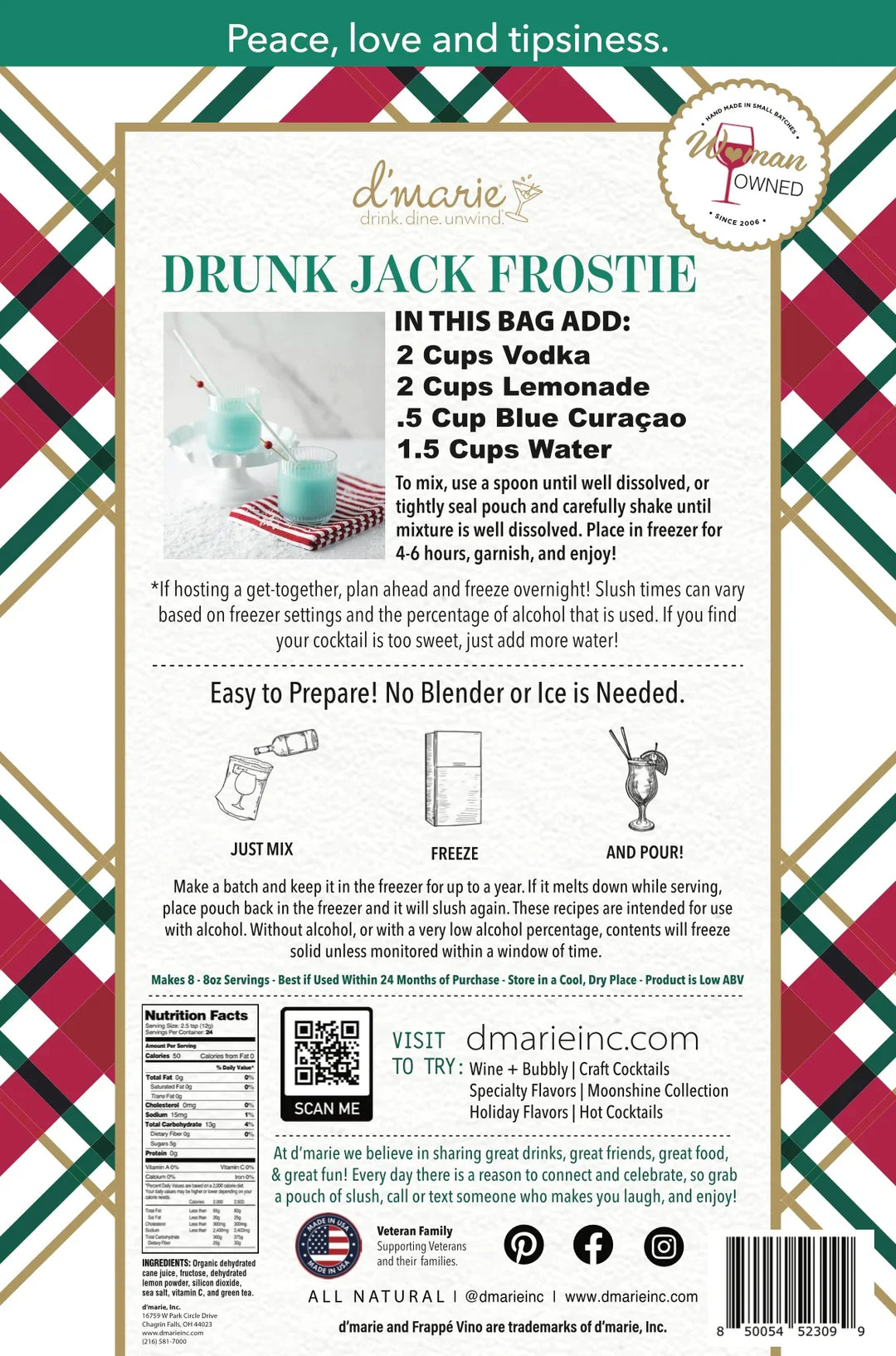D'Marie Drunk Jack Frostie cocktail mix bag with festive plaid packaging and recipe instructions