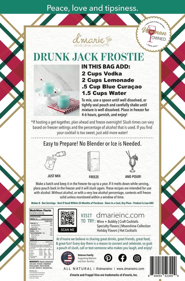 D'Marie Drunk Jack Frostie cocktail mix bag with festive plaid packaging and recipe instructions