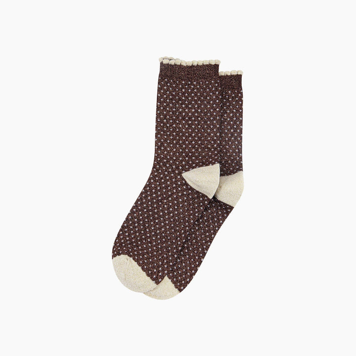 Chocolate brown glitter ankle socks with white polka dots and cream scalloped cuff