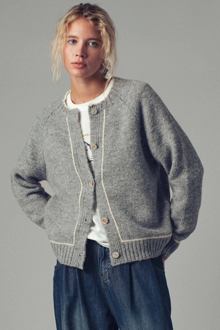 Contrast Trim Boho Knit Button Cardigan