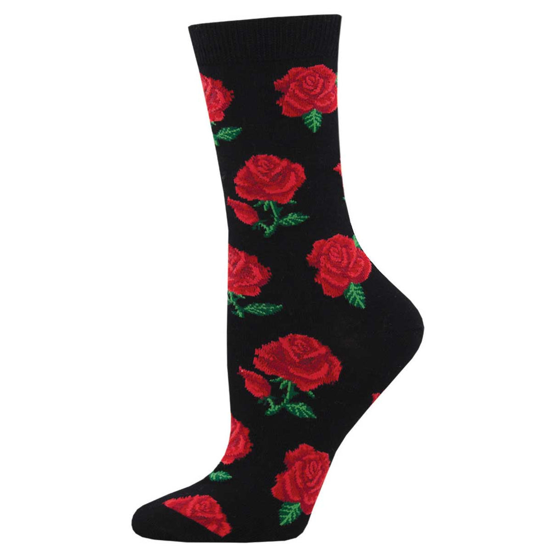 Socksmith Rosy Toes crew socks in black with red rose and green leaf pattern