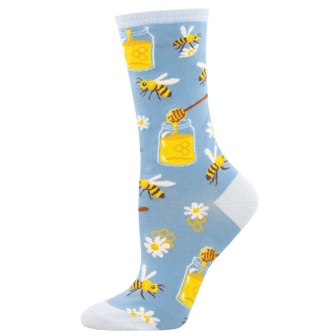 Socksmith Bee My Honey crew socks in light blue with bees, honey jars, and daisies