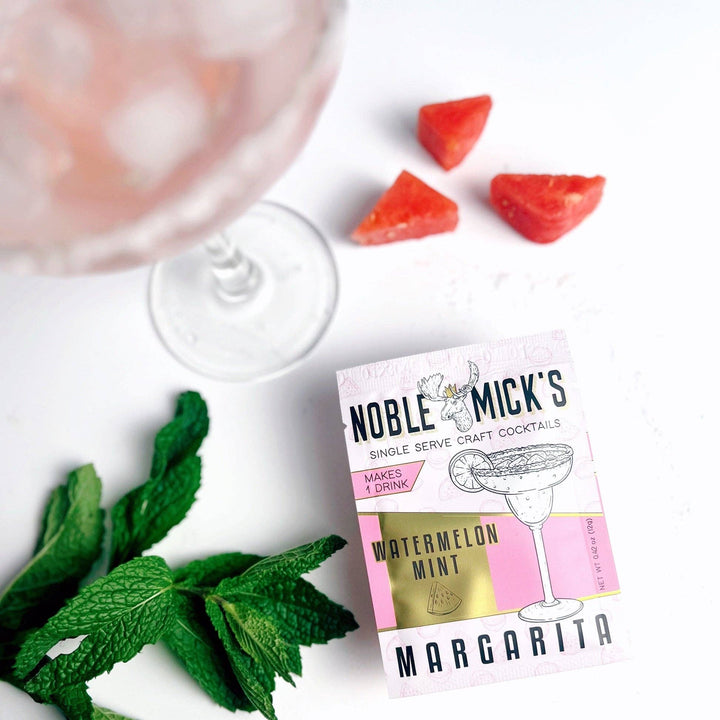 Noble Mick's Watermelon Mint Margarita single serve craft cocktail mix packet with fresh mint and watermelon