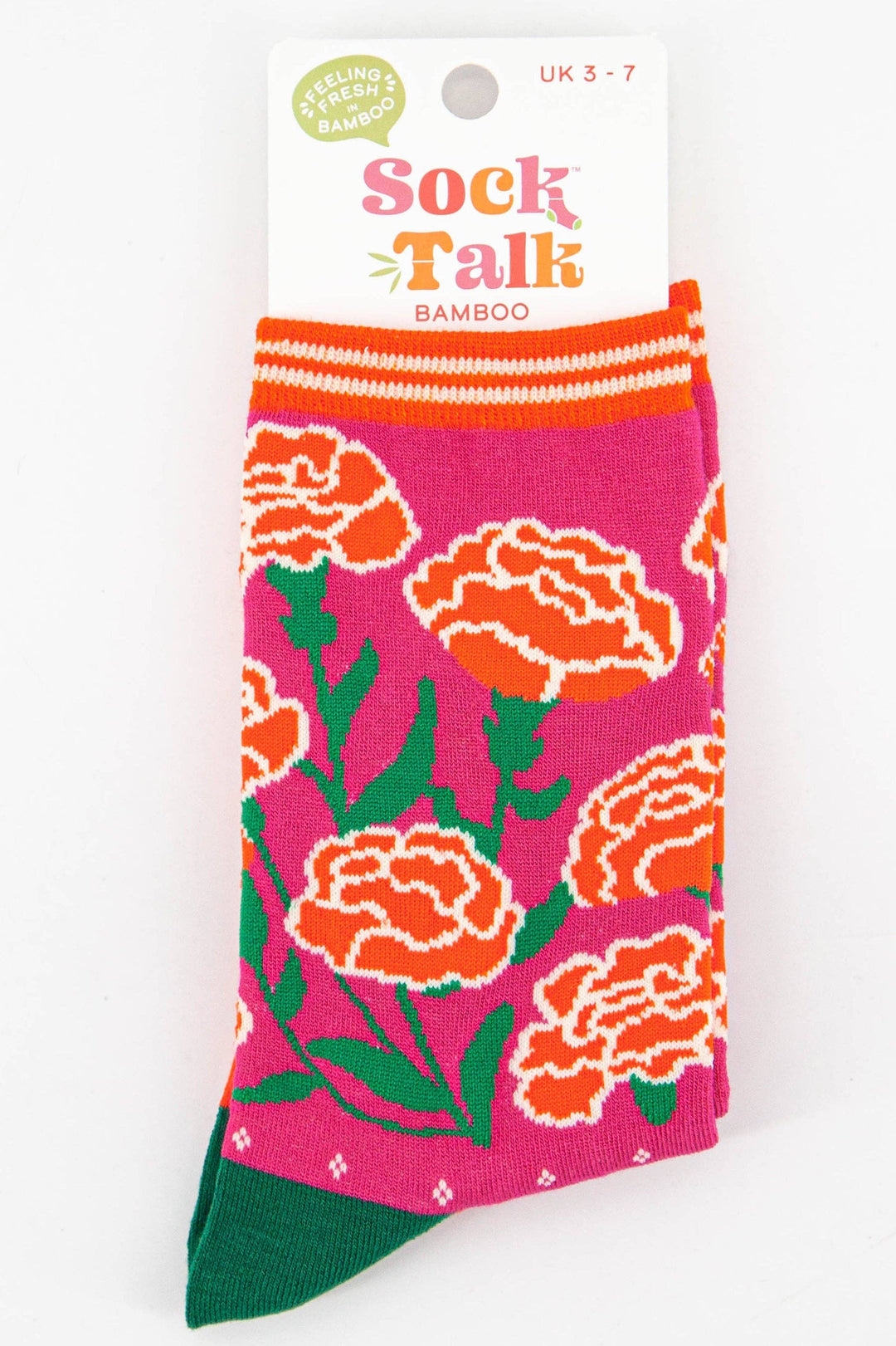 Sock Talk bamboo crew socks in pink with orange carnation floral pattern, UK 3-7