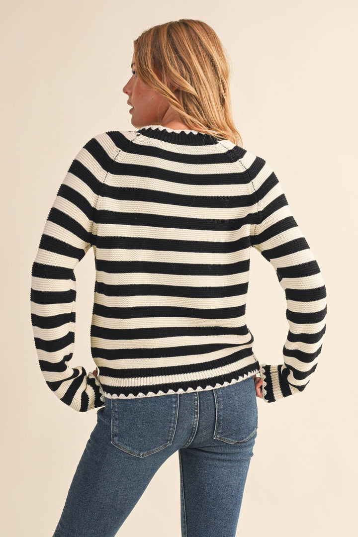 Striped Puff Sleeve Sweater w/ Contrast Stitch