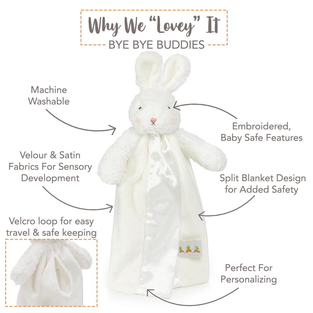 White cream plush bunny lovey with satin blanket featuring embroidered carrot details by Bunnies By the Bay