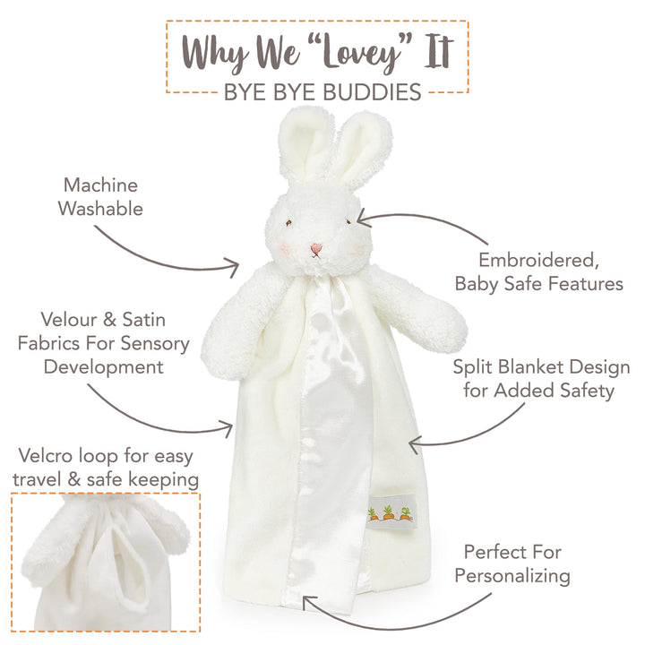 White cream plush bunny lovey with satin blanket featuring embroidered carrot details by Bunnies By the Bay