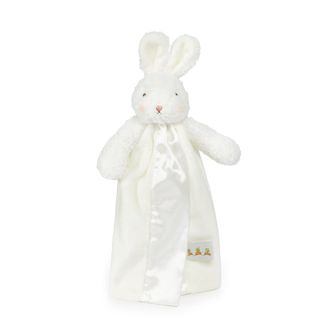 White plush bunny lovey security blanket with satin trim and carrot embroidery tag
