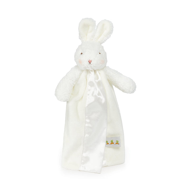 White plush bunny lovey security blanket with satin trim and carrot embroidery tag