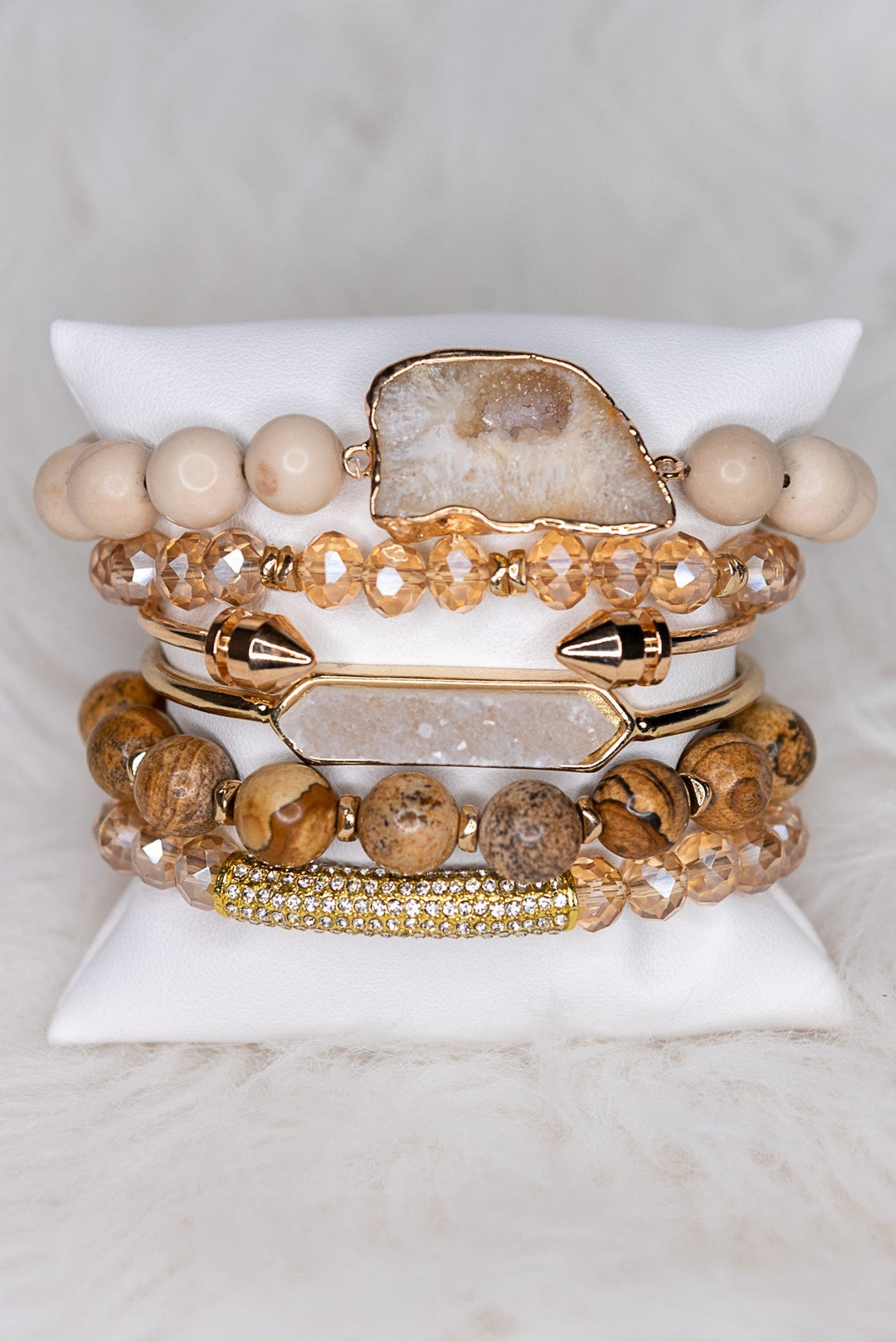 Aspen neutral beige and brown stone bead bracelet stack set with gold accents