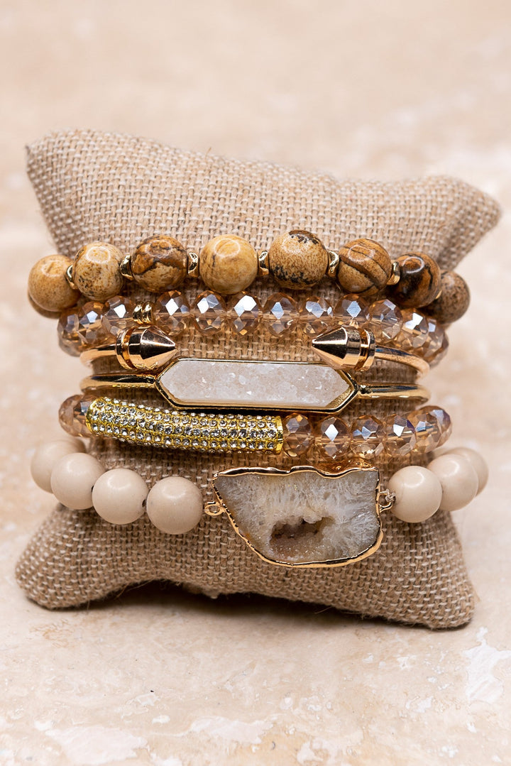 Aspen stacked bracelet set with earth tone beads, crystals, druzy stones, and gold accents