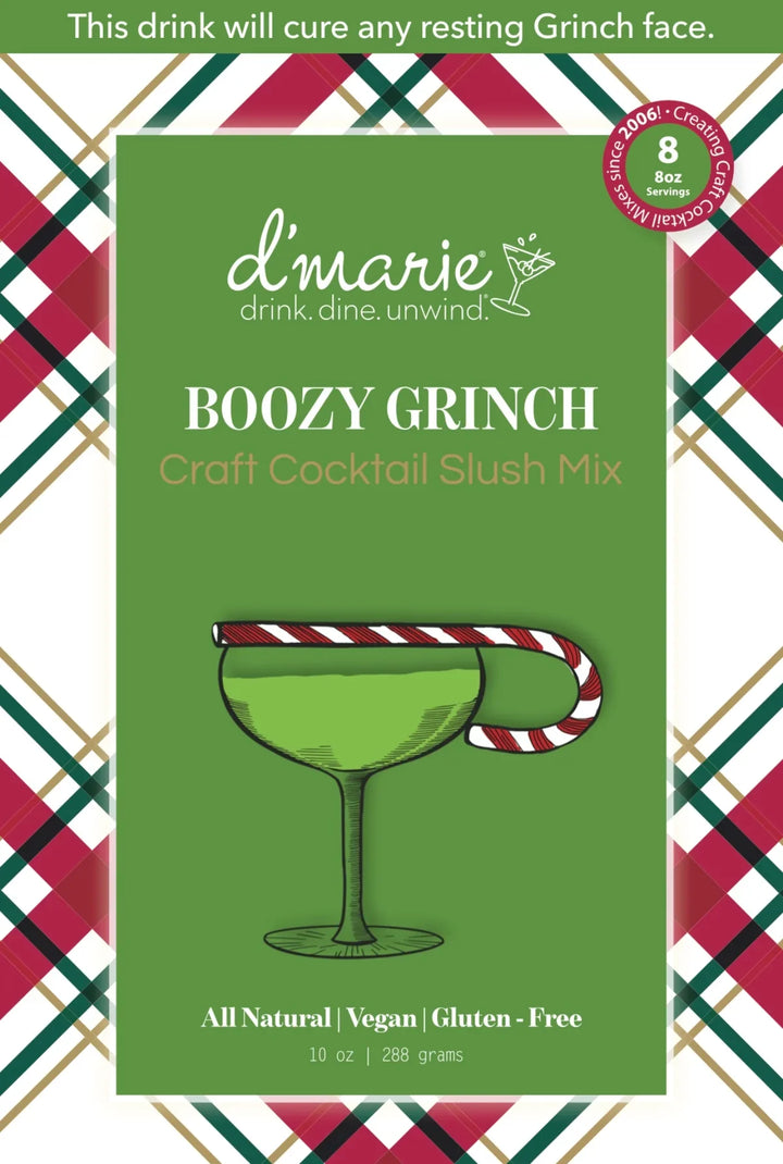 D'Marie Boozy Grinch Craft Cocktail Slush Mix in green packaging with candy cane garnish illustration