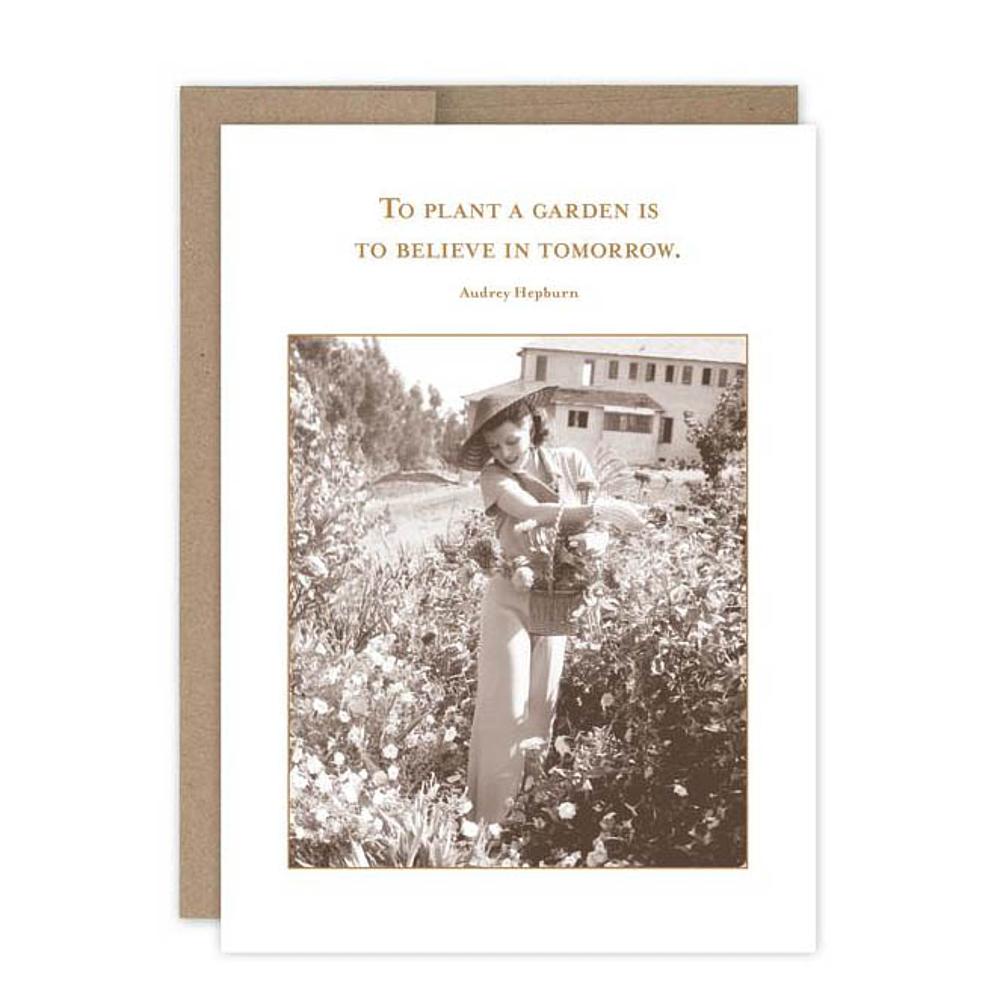 Believe in Tomorrow greeting card featuring vintage garden photo with Audrey Hepburn quote