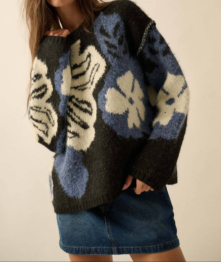Fuzzy Floral Jacquard Sweater