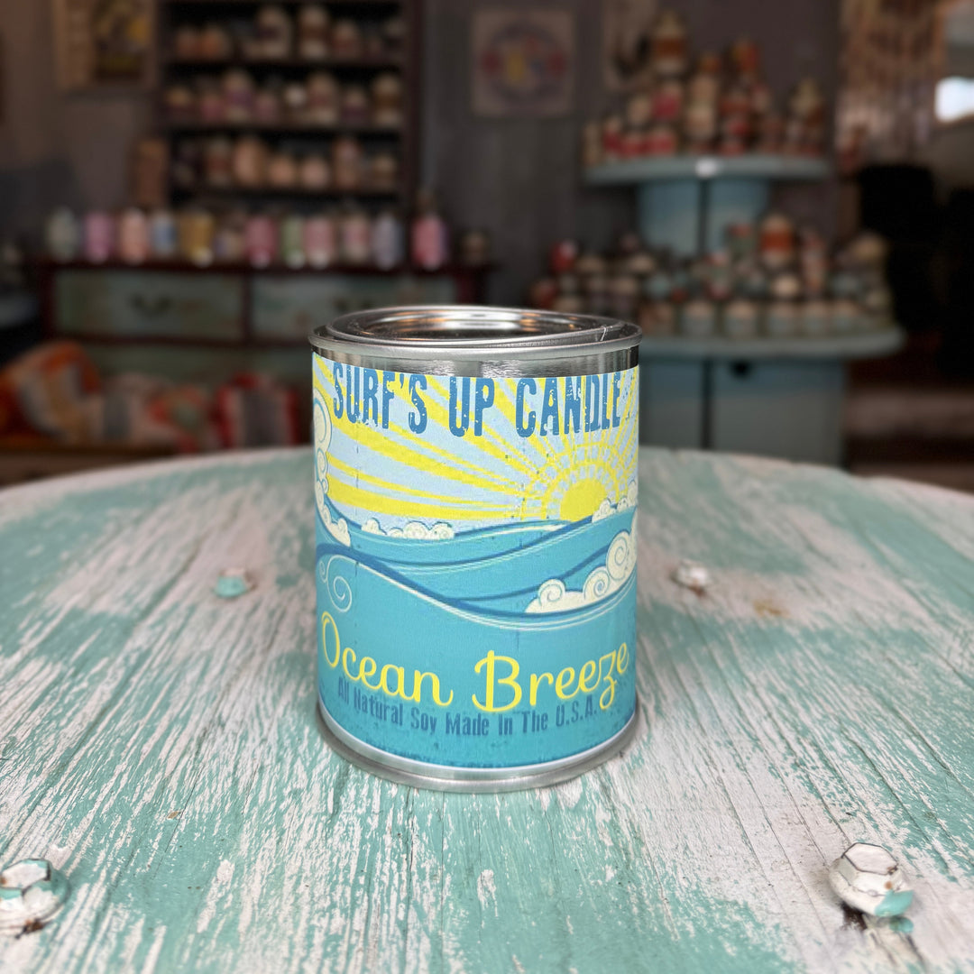 Surf's Up Candle Ocean Breeze scented soy candle in a paint can tin container