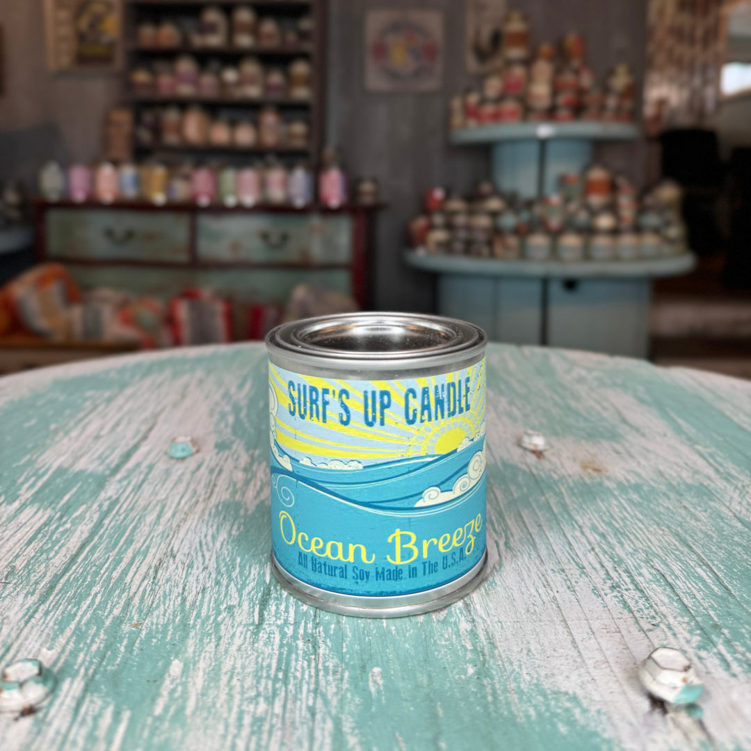 Surf's Up Candle Ocean Breeze scented paint can candle pint in a beach-themed tin