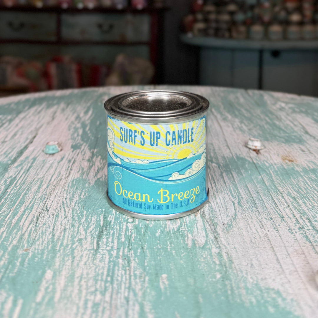 Surf's Up Candle Ocean Breeze scented soy candle in a paint can tin container
