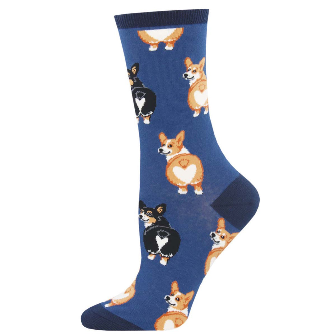 Socksmith Corgi Butt Socks in blue featuring playful corgi dogs front and back views
