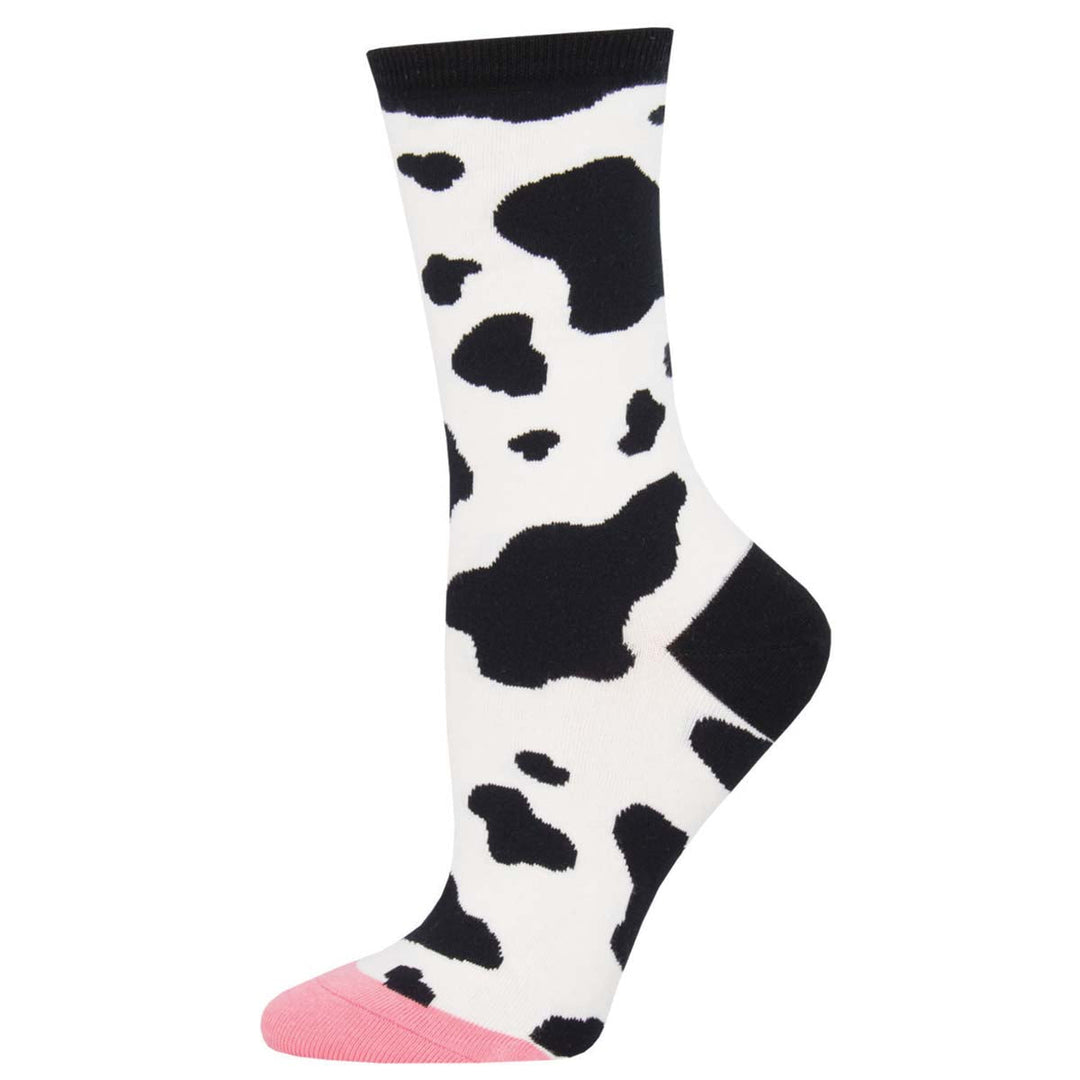 Socksmith MOOOO! crew socks with black and white cow print pattern and pink toe