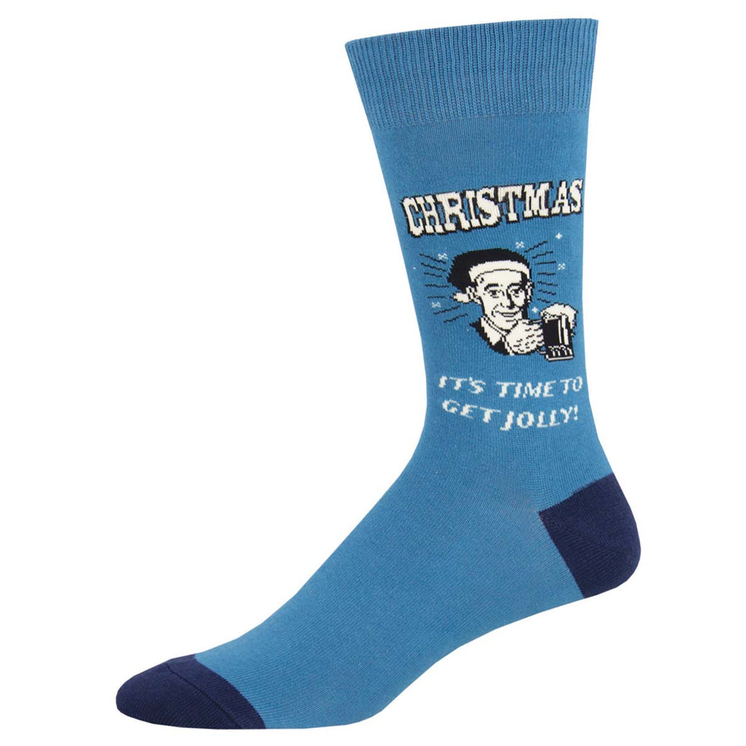 Blue crew socks featuring retro man holding beer mug with Christmas jolly slogan