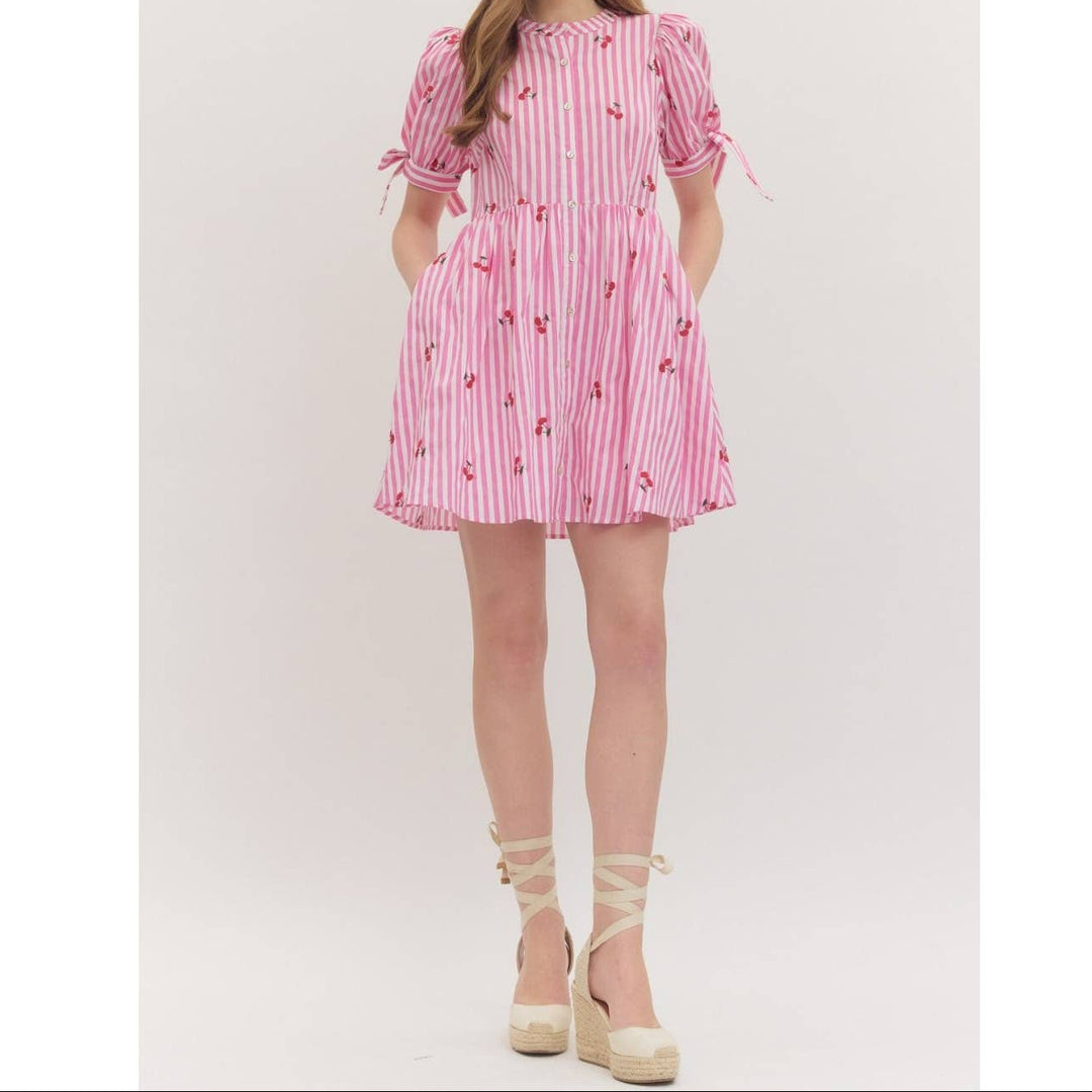 Striped Cherry Short Sleeve Mini Dress