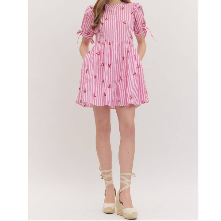 Striped Cherry Short Sleeve Mini Dress