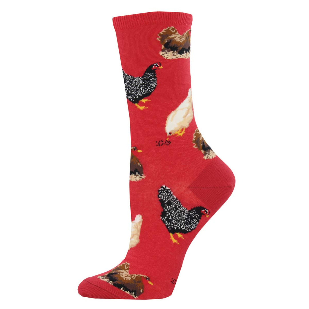 Socksmith Hen House women's crew socks in red featuring realistic chicken illustrations