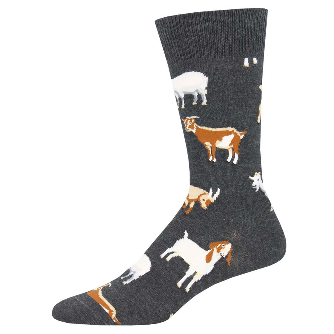 Socksmith Silly Billy Socks in charcoal heather featuring white and brown goat pattern