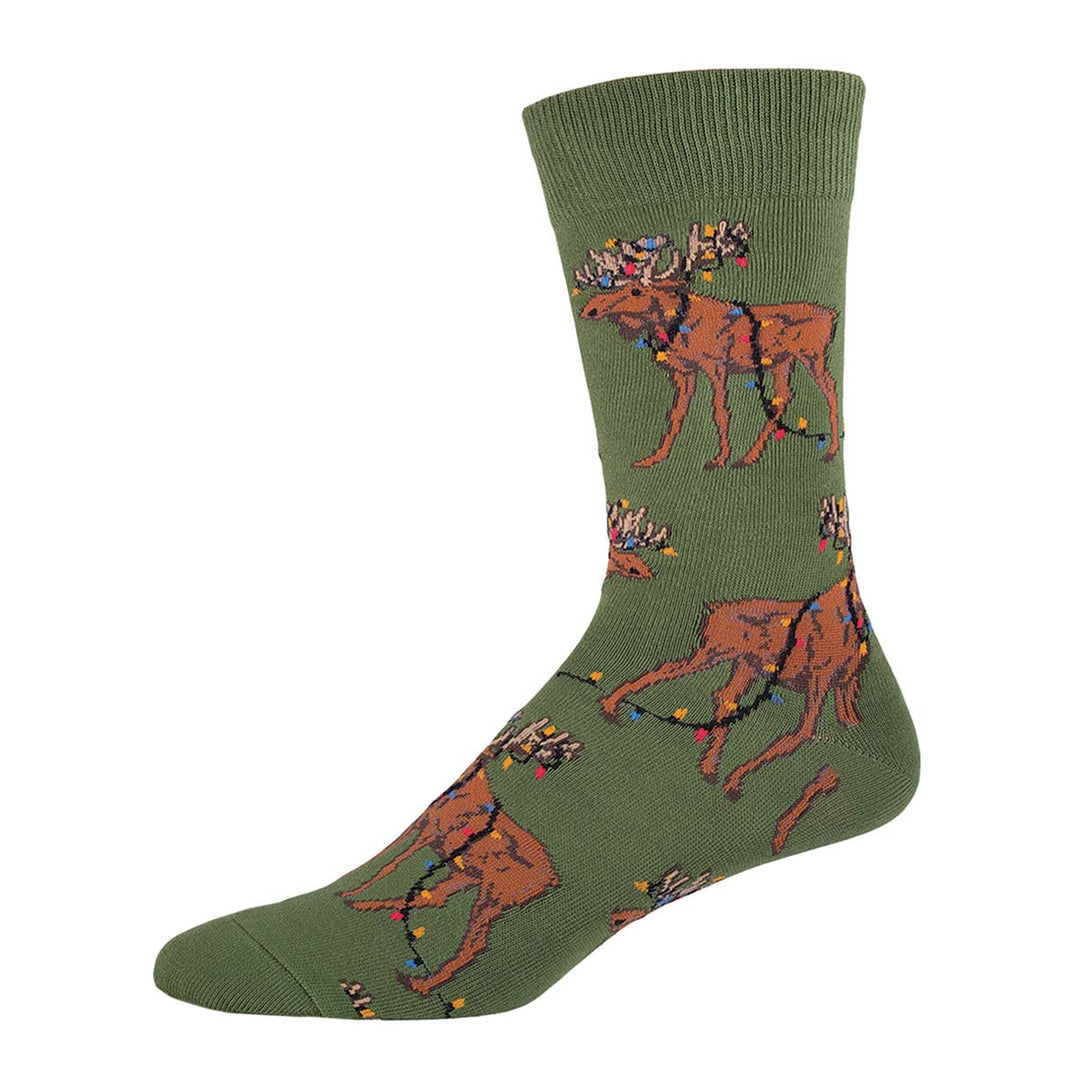 Green crew socks featuring brown moose decorated with colorful Christmas string lights pattern