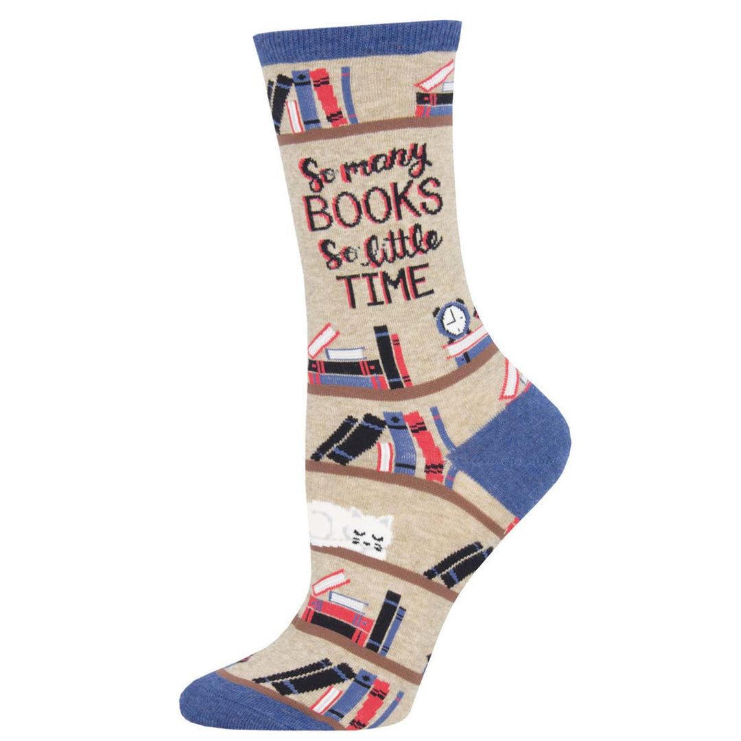 Socksmith Time For A Good Book socks in hemp heather with bookshelf design and blue accents