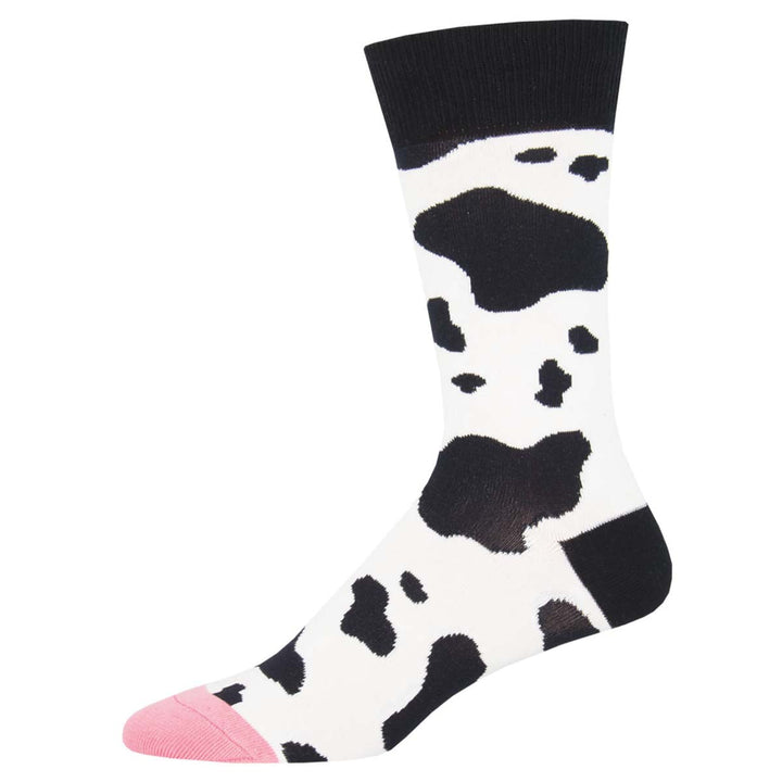 Socksmith MOOOO! crew socks in white with black cow spots and pink toe