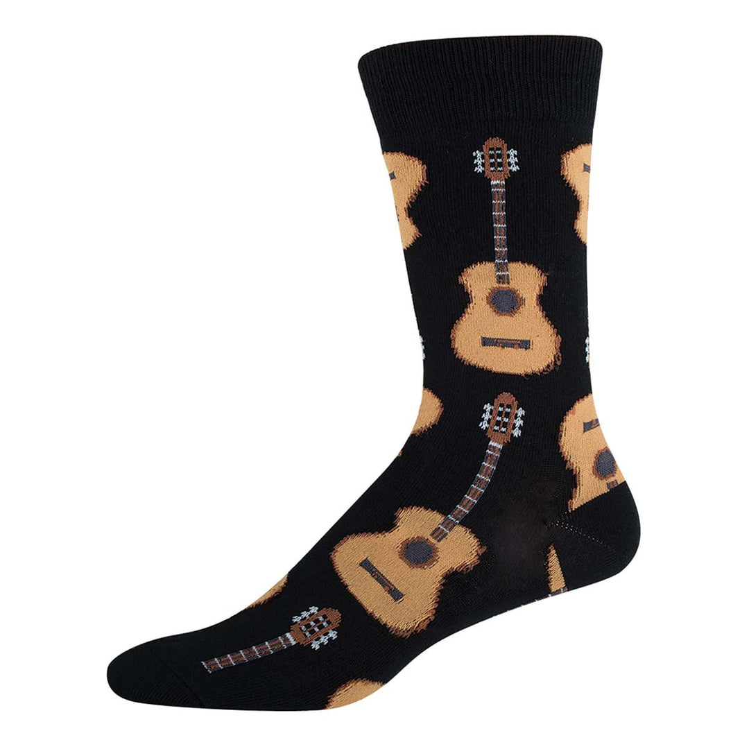 Socksmith black crew socks featuring repeating tan acoustic guitar pattern throughout