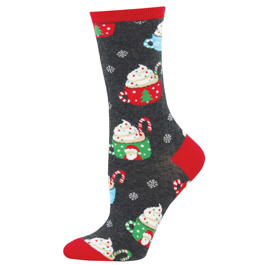 Socksmith Cocoa Christmas crew socks in charcoal heather with festive hot cocoa mug pattern and red accents