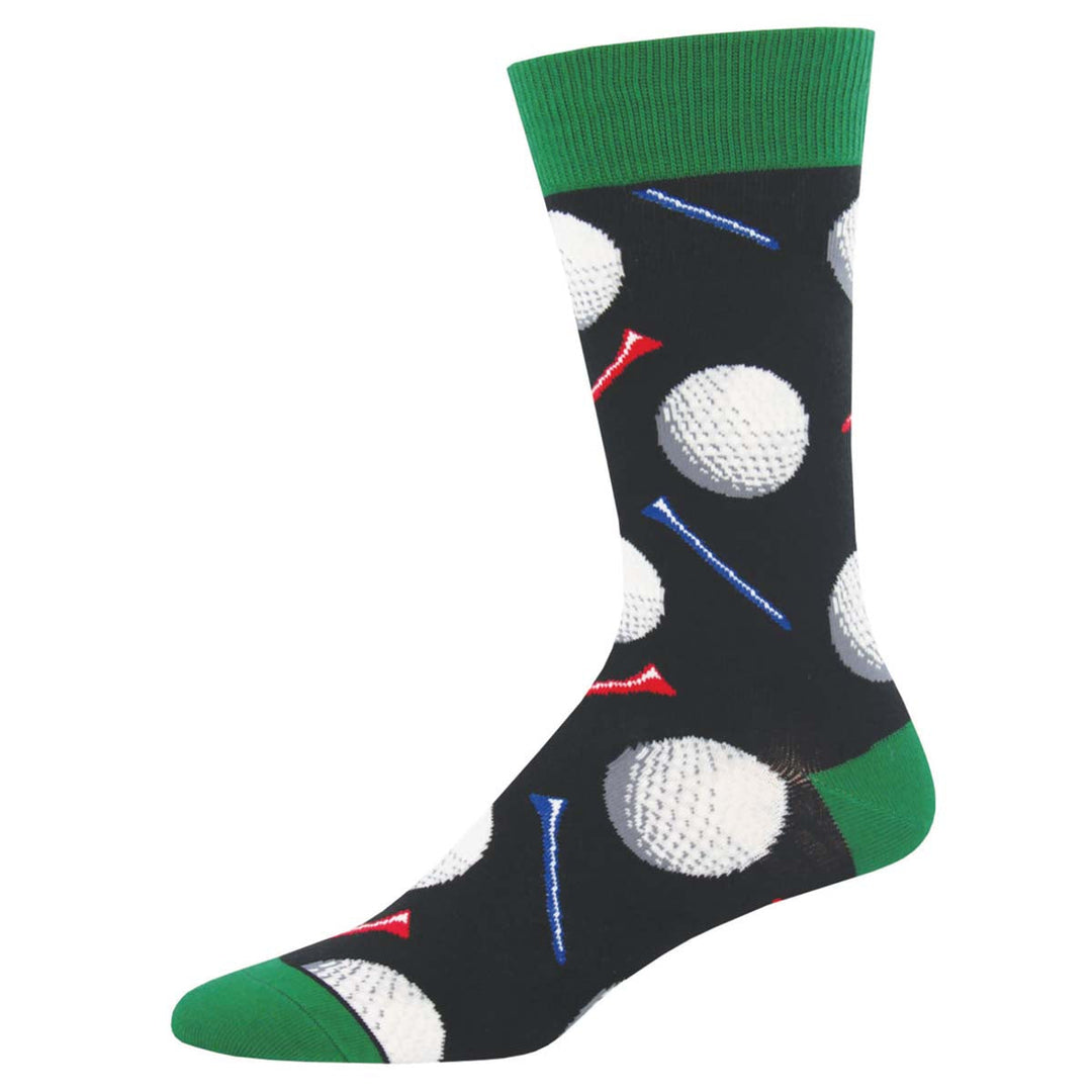 Socksmith Tee It Up crew socks in black with golf balls and tees pattern
